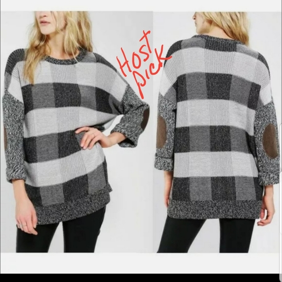 BDG Sweaters - BDG gray buffalo plaid elbow patch long sleeve sweater tunic